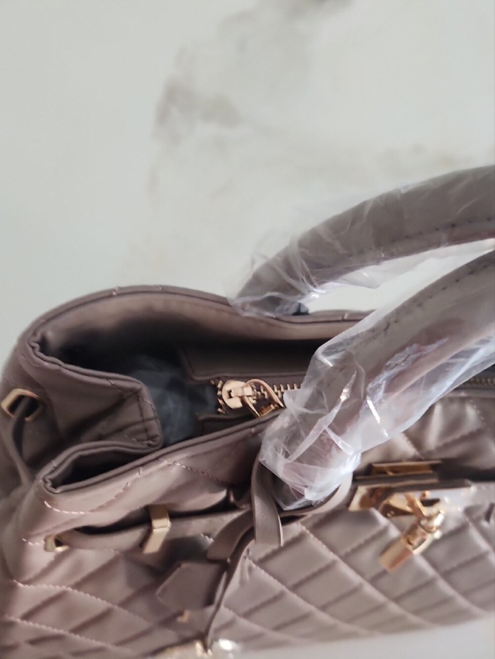 Badgley Mischka Quilted Taupe Satchel with Gold Hardware - Picture 5 of 11
